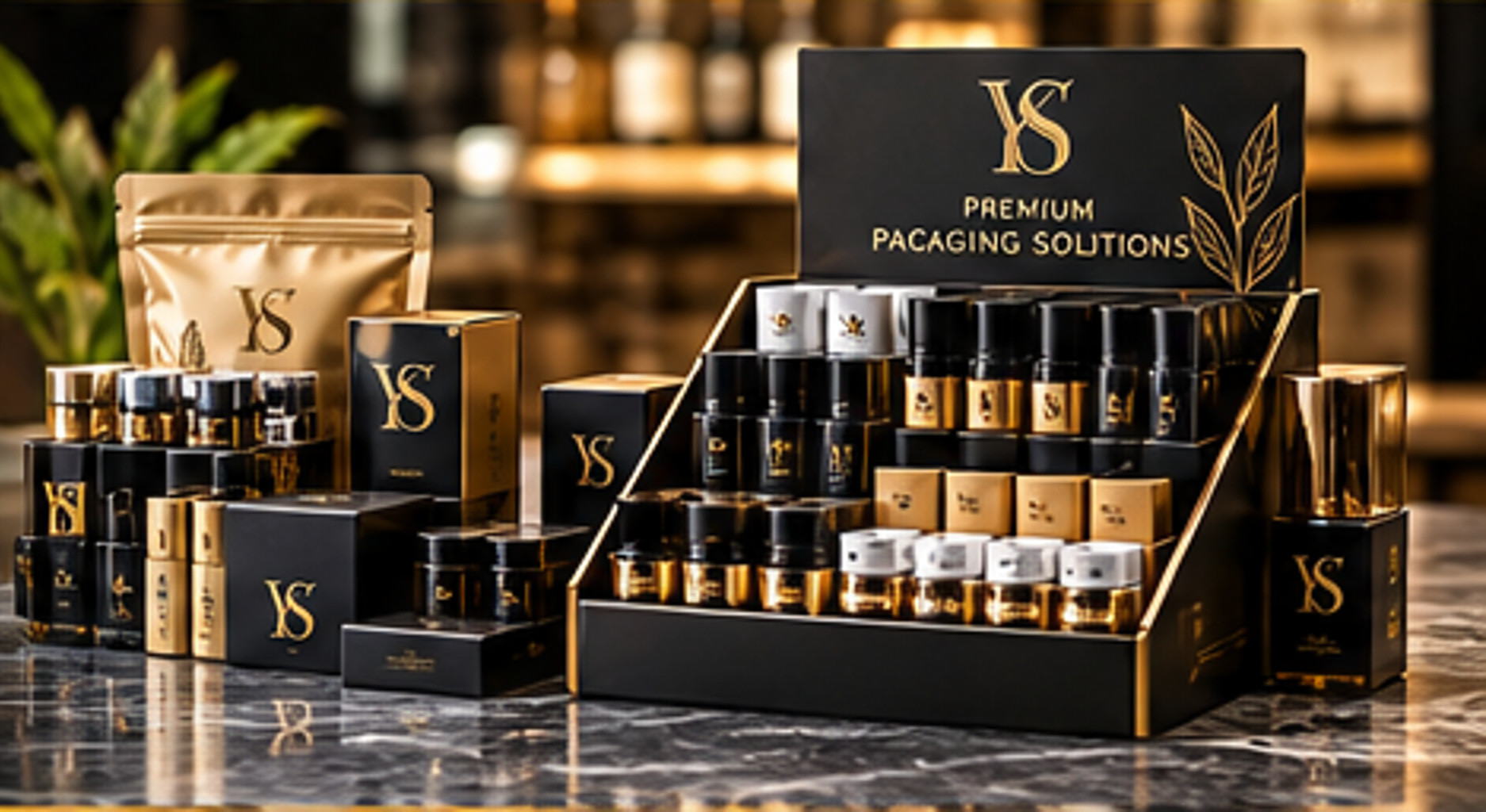 Cannabis retail display in coordinated black and gold
