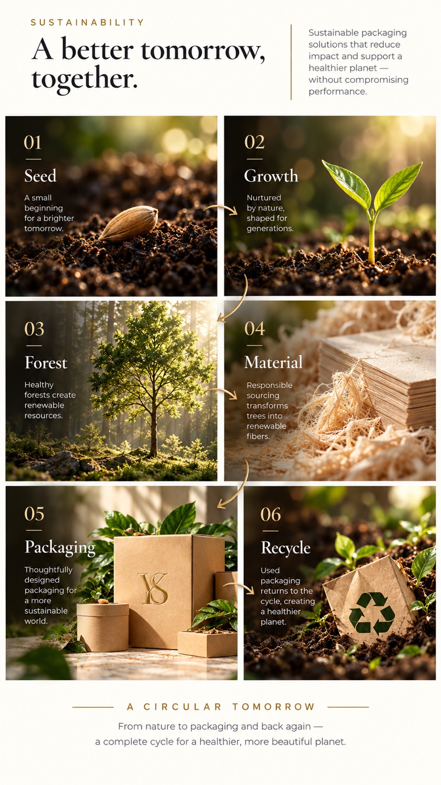 A Circular Tomorrow — sustainability journey from Seed to Growth, Forest, Material, Packaging and Recycle